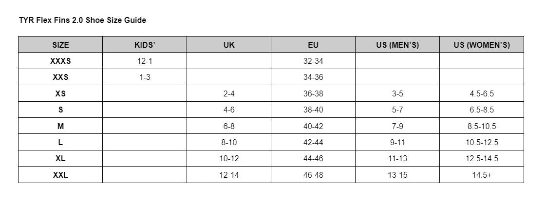 Tyr swim fins sales size chart