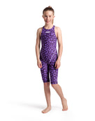 Arena - Girls Powerskin ST NEXT Open Back - Leopard Skin Violet - Model Front Full Body