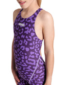 Arena - Girls Powerskin ST NEXT Open Back - Leopard Skin Violet - Model Front Close Up