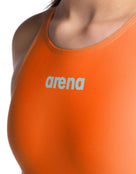 Arena - Girls Limited Edition Powerskin ST NEXT Open Back - Orange/Teal - Model Front Close Up