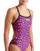 Arena - Leopard Printed Challenge Back Swimsuit - Fuchsia Multi/Black - Model Front Close Up