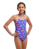 Funkita - Girls Doggie Paddle Single Strap Swimsuit - Purple/Multi - Model Front/Side