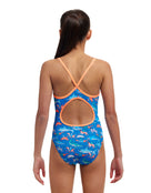 Funkita Girls Fin Swimming Diamond Back Swimsuit - Blue/Orange - Model Back