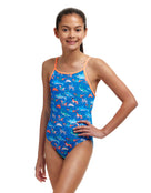 Funkita Girls Fin Swimming Diamond Back Swimsuit - Blue/Orange - Model Front/Side