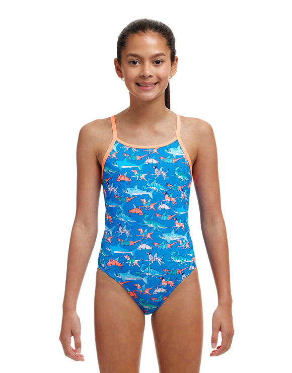 Funkita Girls Fin Swimming Diamond Back Swimsuit - Blue/Orange - Model Front