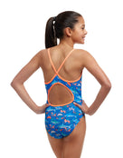 Funkita Girls Fin Swimming Diamond Back Swimsuit - Blue/Orange - Model Back/Side