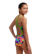 Funkita - Girls Lotsa Pop Single Strap Swimsuit - Pink/Multi - Model back/Side