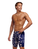 Funky Trunks - Mens Paper Plain Swim Training Jammers - Blue - Model Side with Pose