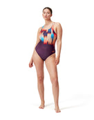 Digital Placement Medalist Swimsuit - Purple/Orange - Model Front Full Body