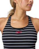 Speedo - Endurance+ Printed Medalist Swimsuit - Black/White - Model Front Close Up