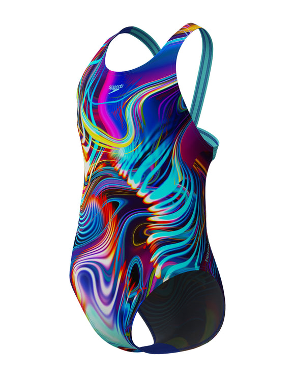 Speedo - Girls Digital Allover Leaderback Swimsuit - Blue/Multi - Product Front/Side