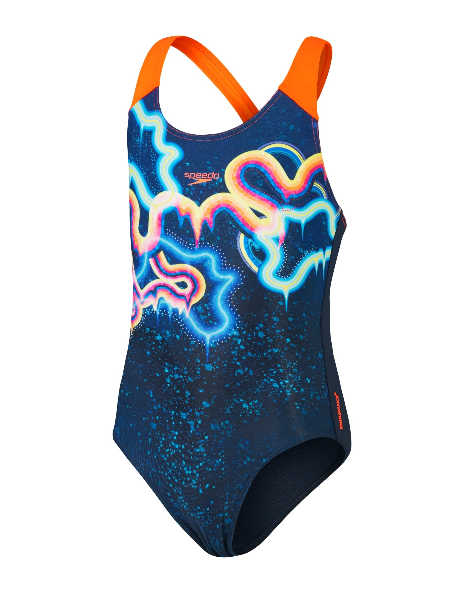 Speedo Girls Digital Placement Splashback Swimsuit Navy Orange