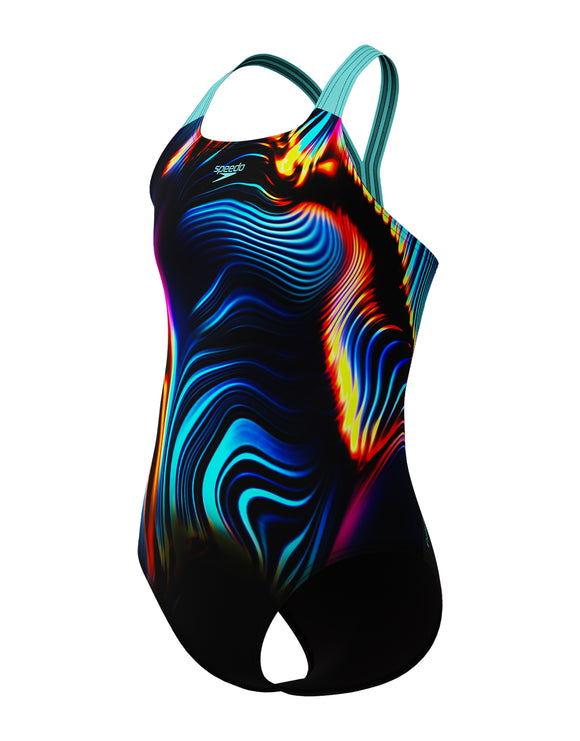 Speedo - Girls Digital Placement Powerback Swimsuit - Black/Blue - Product Front/Side