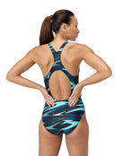 Speedo - Hyperboom Allover Medalist Swimsuit - Black/Green - Model Back