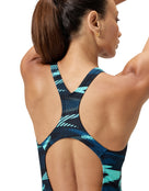 Speedo - Hyperboom Allover Medalist Swimsuit - Black/Green - Model Back Close Up