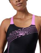 Speedo - Medley Logo Medalist Swimsuit - Black/Purple - Model Front Close Up