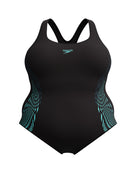 Speedo - Placement Medalist Plus Size Swimsuit - Black/Green - Product Front