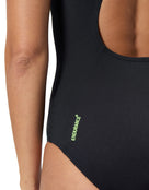 Speedo Womens Placement Muscleback Swimsuit - Black/Yellow - Model Back Close Up