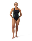 Speedo Womens Placement Muscleback Swimsuit - Black/Yellow - Model Front Full Body