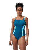 Speedo - Shaping Printed Splice Swimsuit - Green - Model Front