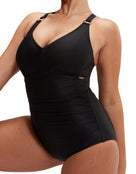 Speedo - Shaping V Neck Swimsuit - Black - Model Side Close Up