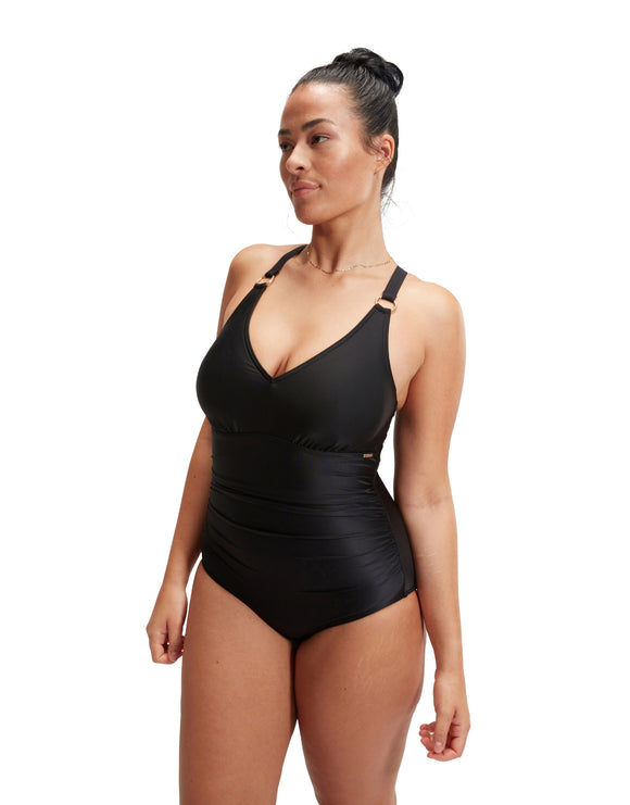 Speedo - Shaping V Neck Swimsuit - Black - Model Front