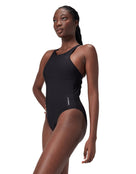 Speedo - Solid Highneck Crossback Swimsuit - Dark Grey - Model Front/Side