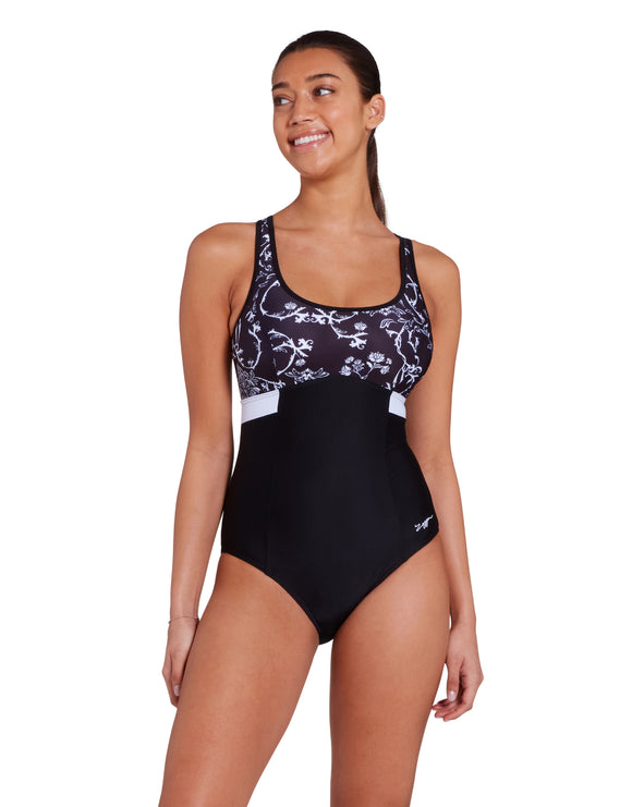 Zoggs - Classique Dakota Crossback Swimsuit - Black/White - Model Front