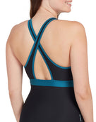 Zoggs - Womens Dakota Crossback Swimsuit - Black/Green - Model Back Close Up