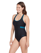 Zoggs - Womens Dakota Crossback Swimsuit - Black/Green - Model Front/Side