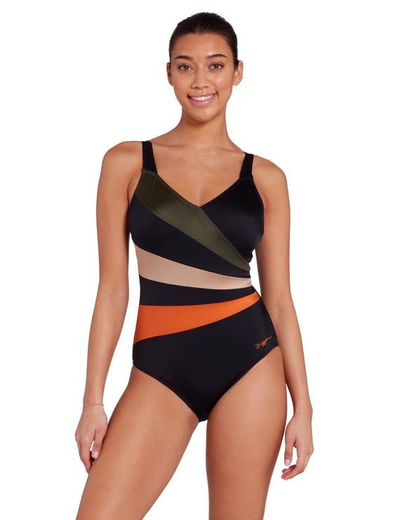 Zoggs - Dream Wrap Panel Classicback Swimsuit - Black/Green/Orange - Model Front