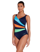 Zoggs - Elegance Wrap Panel Classicback Swimsuit - Blue/Orange/Green - Model Side