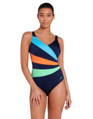 Zoggs - Elegance Wrap Panel Classicback Swimsuit - Blue/Orange/Green - Model Front