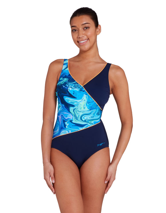 Zoggs - Spatial Wrap Front Swimsuit - Navy/Blue - Model Front