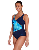 Zoggs - Spatial Wrap Front Swimsuit - Navy/Blue - Model Side