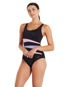 Zoggs - Sumatra Adjustable Scoopback Swimsuit - Black/Pink/Lilac - Model Front/Side