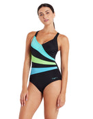 Zoggs - Wrap Panel Classicback Swimsuit - Black/Green - Model Front/Side