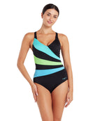 Zoggs - Wrap Panel Classicback Swimsuit - Black/Green - Model Front