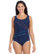 Zoggs - Womens Macmasters Scoopback Swimsuit - Front Model - Navy/Multicolour